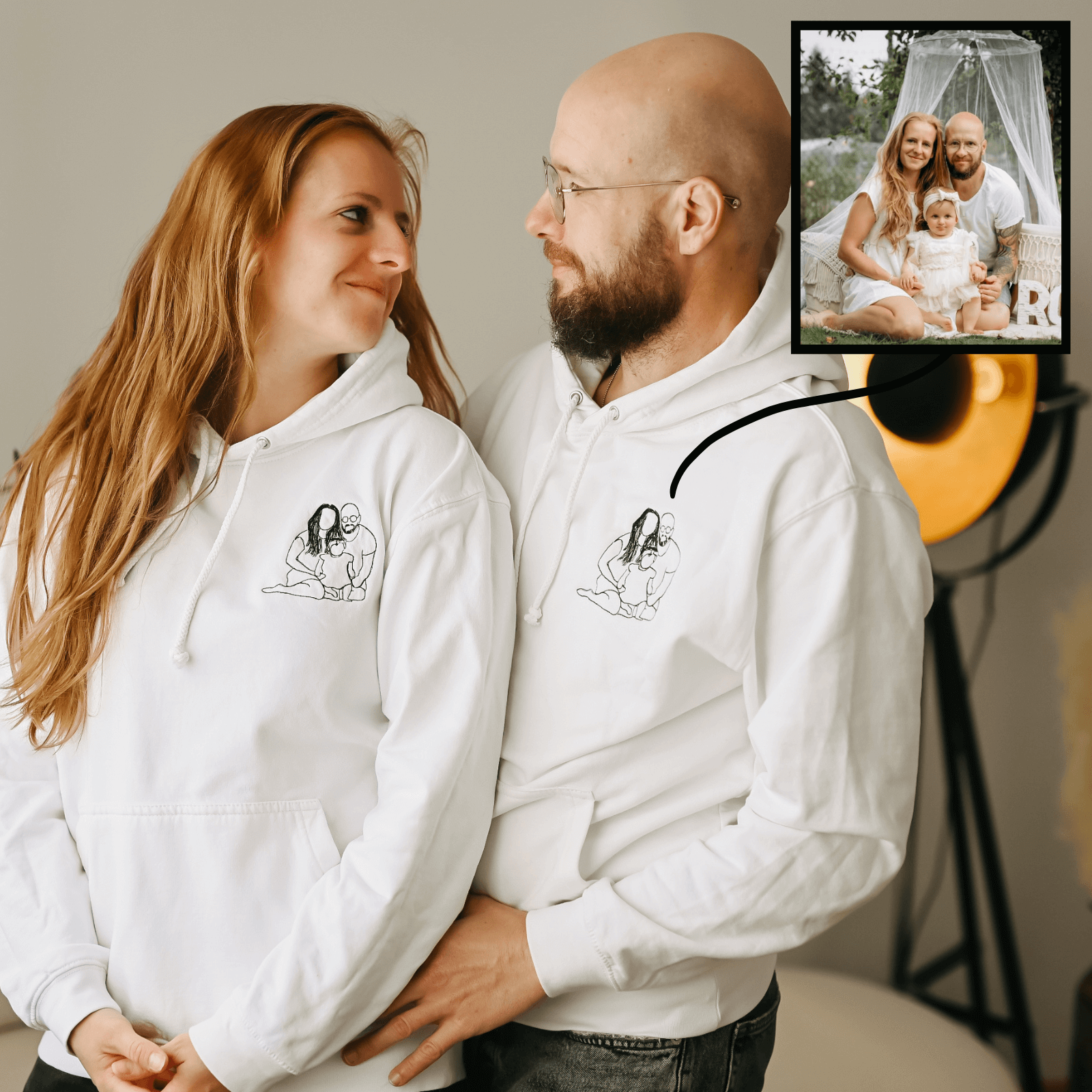 Usmívající se muž a žena v bílých mikinách s kapucí a s černou výšivkou obrysu rodiny s dítětem.
